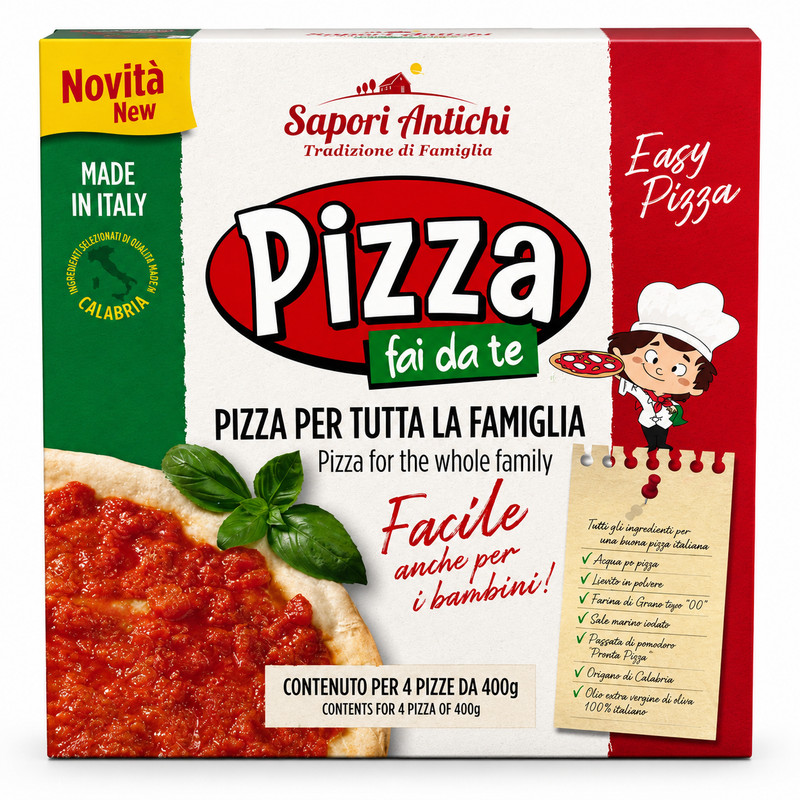 Pizza making kit packaging with branding and family-friendly text