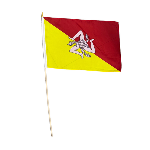 Flag with a red and yellow design on a tiled floor