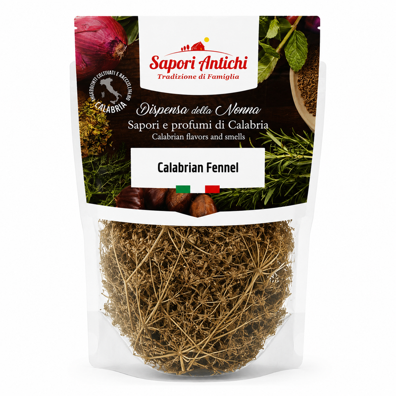 Packaged Calabrian fennel with 'Sapori Antichi' branding on a white background
