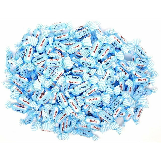 A bulk bag of small blue wrapped Sperlari Anice hard candies.