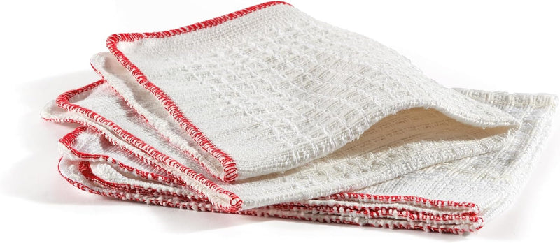 Set of white cloths with red edges on a white background