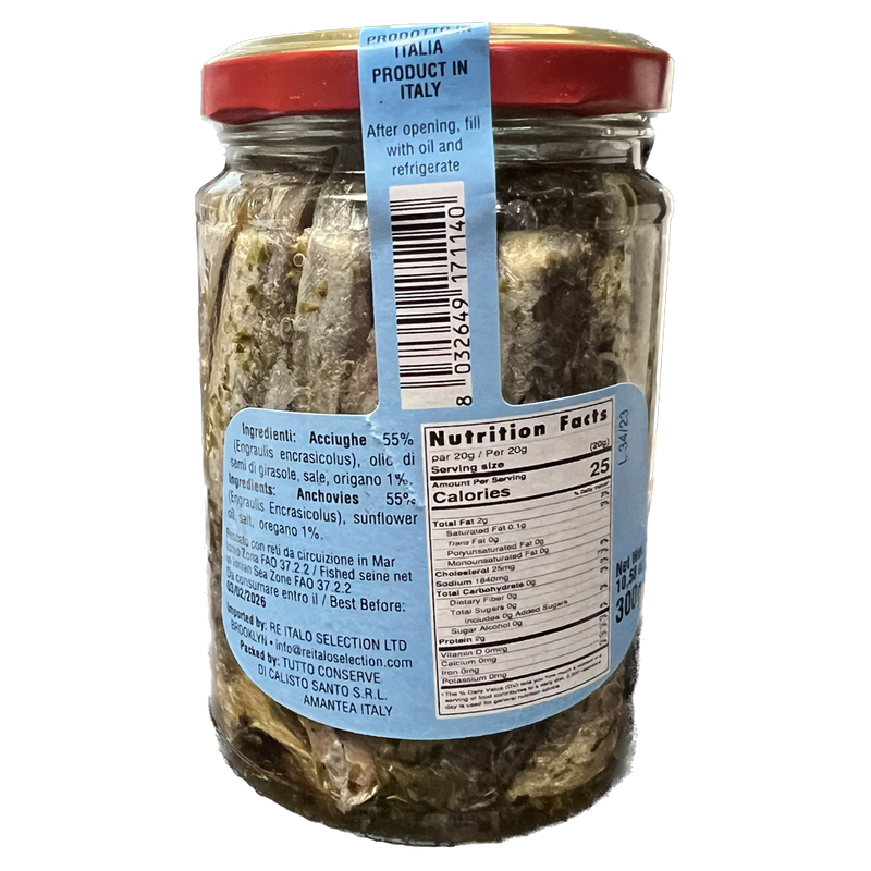 Tutto Conserve Whole Calabrian Anchovies in Oil, 10.58 oz | 300g