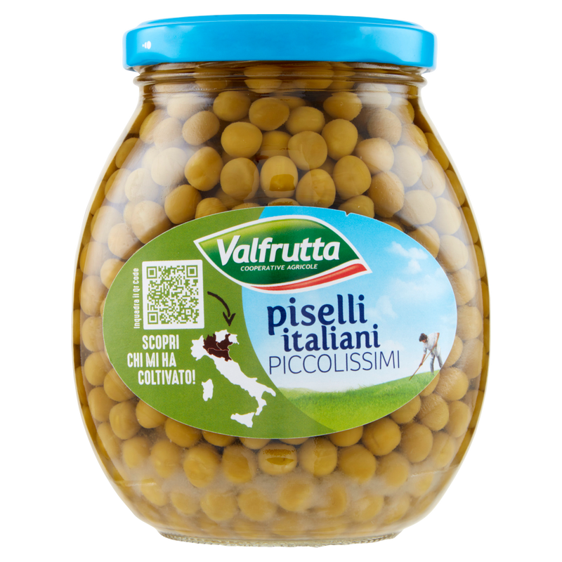 Jar of Valfrutta peas with a blue lid on a white background
