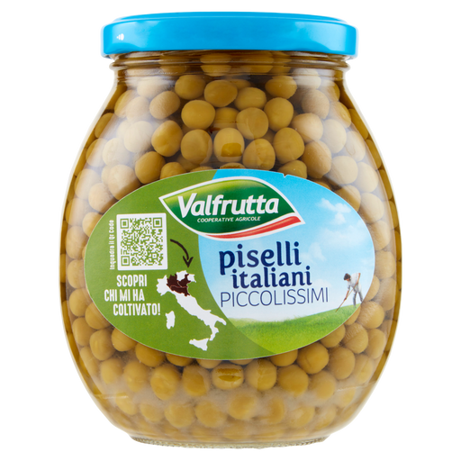 Jar of Valfrutta peas with a blue lid on a white background