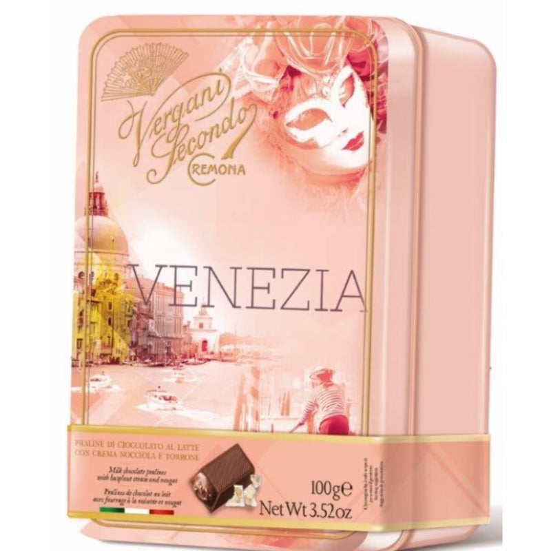 Vergani Venezia Tin, Milk Chocolate Pralines w/ Hazelnut & Nougat Cream,  3.52 oz | 100g