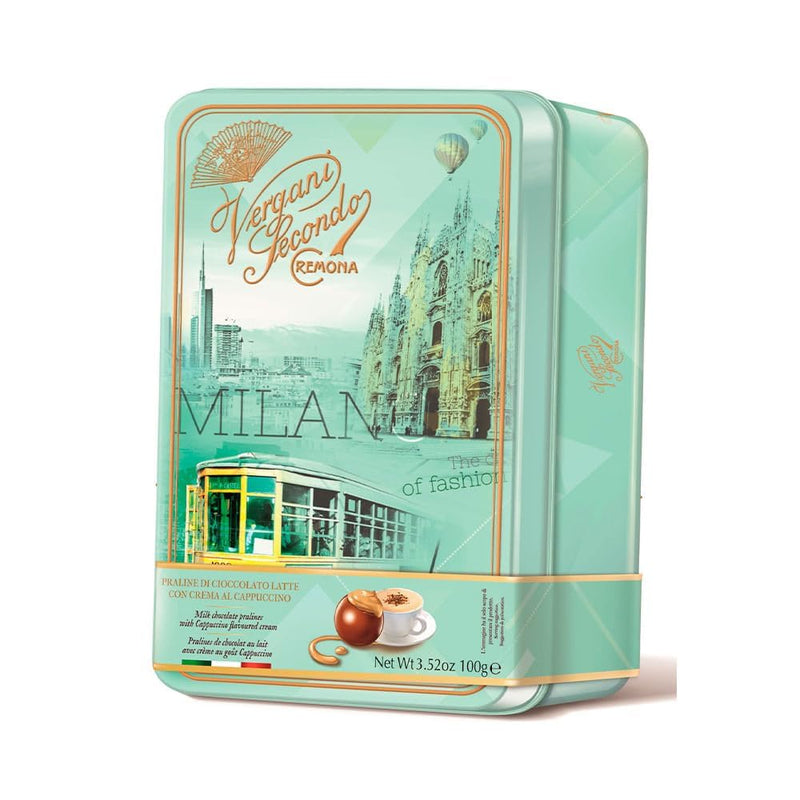 Teal tin packaging with 'Vergani Secondi' branding and images of Milan on a white background