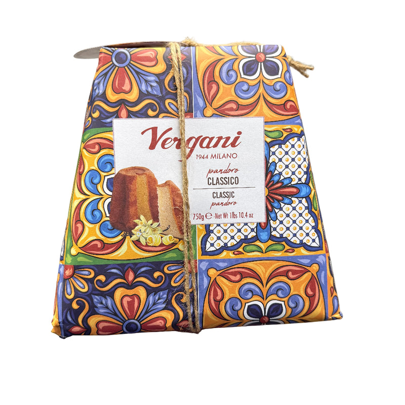 Colorful patterned bag with Vergani label on a white background