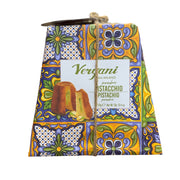 Vergani Pistachio cake packaging held in a hand with a store shelf in the background