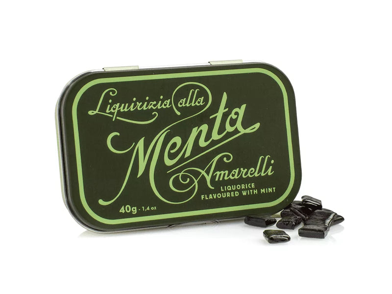 Amarelli Favette Green Tin – Solid Liquorice Flavoured with Mint, 40g