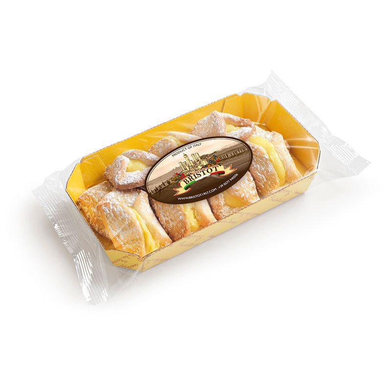 Packaged Bristot Bauletti Pastries Lemon Cream shortbread in a yellow box.