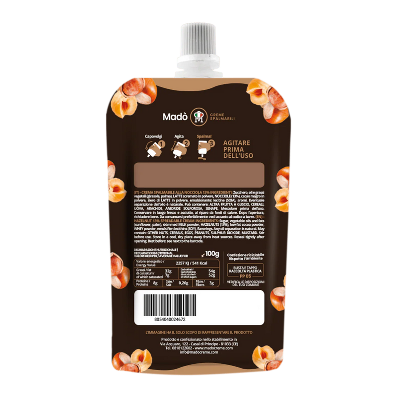 Mado Hazelnut Spreadable Cream, Squeeze Bag – 6oz | 170g | Product of Italy