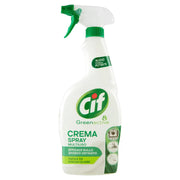 A white spray bottle of Cif Crema Spray All-Purpose with green and gray text, indicating it is an eco-friendly cleaning product.