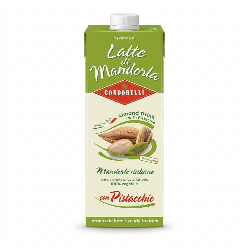 Condorelli Almond Drink with Pistachio 1 liter green and cream carton on a white background