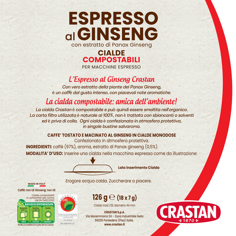 Crastan Espresso al Ginseng ESE 44mm Compostable Coffee Pods, 18 Count – Italian Ginseng Espresso