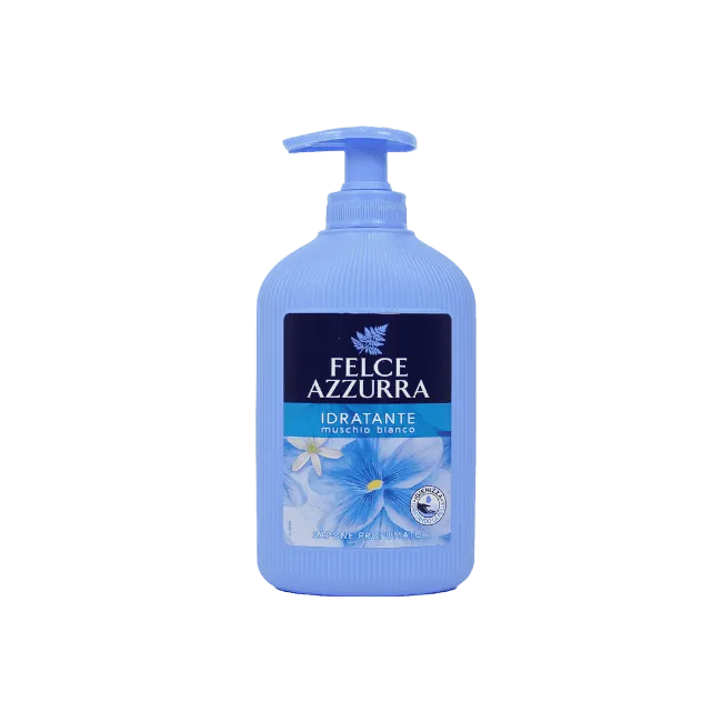 A bottle of Felce Azzurra Idratante Hair & Skin Care in a light blue pump bottle with a dark blue and white label, shown on a plain white background.
