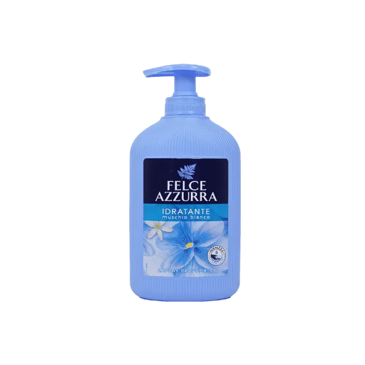 A bottle of Felce Azzurra Idratante Hair & Skin Care in a light blue pump bottle with a dark blue and white label, shown on a plain white background.