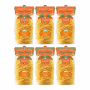 Six packages of Fettuccine Pasta with orange labels on a white background