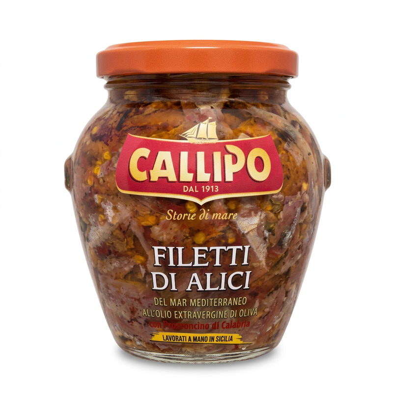 Front of Callipo anchovy fillets with Calabrian hot pepper in extra virgin olive oil