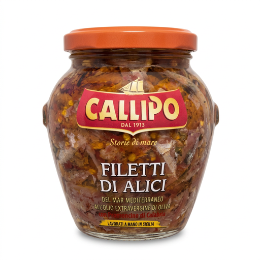 Front of Callipo anchovy fillets with Calabrian hot pepper in extra virgin olive oil