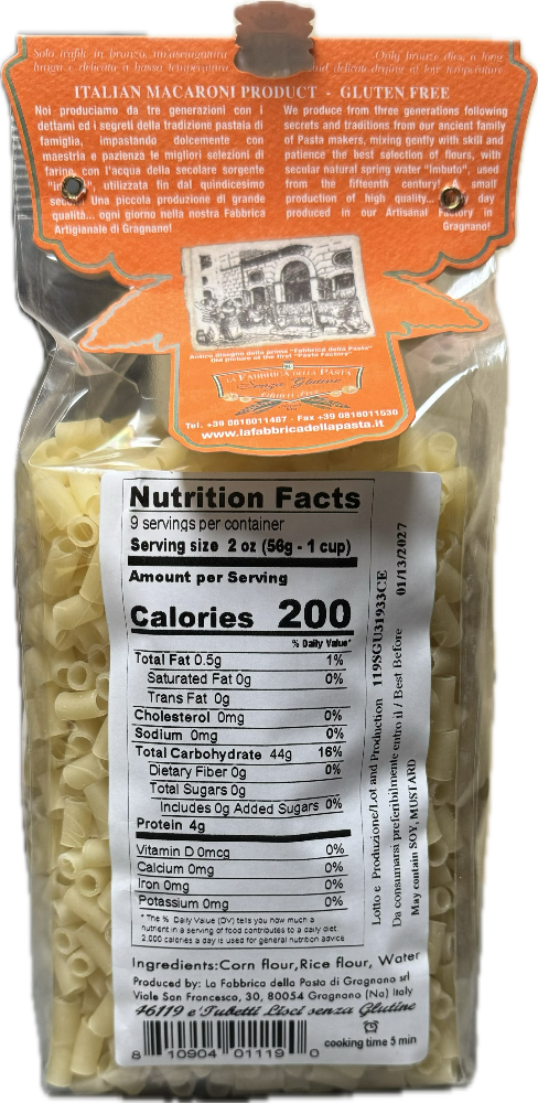 La Fabbrica Della Pasta Gluten Free 'e Tubetti Lisci, #119GF, 17.6 oz | 500gr