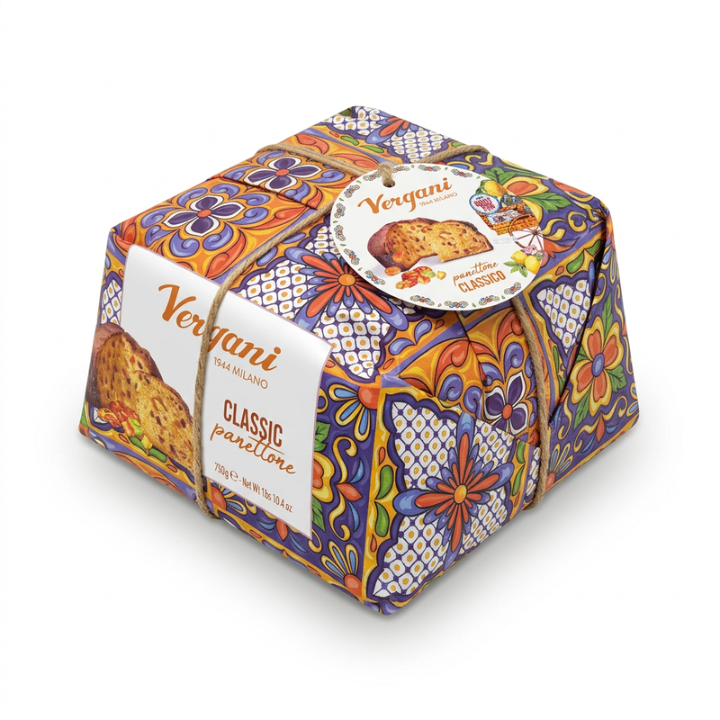 Angled view of Vergani Classic Panettone 750 g gift wrapping and round tag