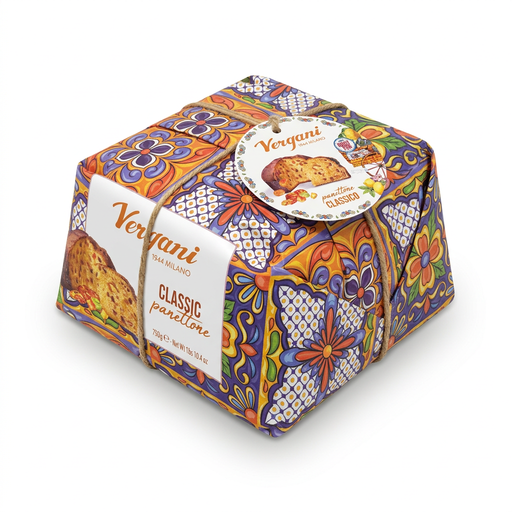 Angled view of Vergani Classic Panettone 750 g gift wrapping and round tag