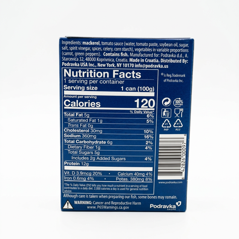 Back of Podravka EVA Mackerel with Vegetables in Tomato Sauce package showing ingredients and nutrition facts