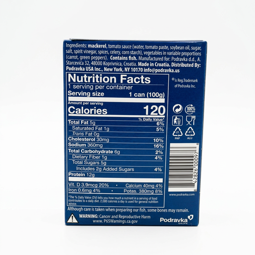Back of Podravka EVA Mackerel with Vegetables in Tomato Sauce package showing ingredients and nutrition facts