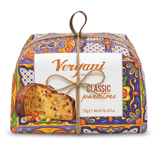 Front view of Vergani Classic Italian Panettone 750 g in colorful gift wrapping with twine