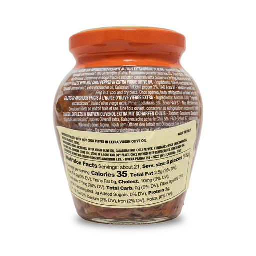 Back label of Callipo anchovy fillets with Calabrian hot pepper, showing ingredients and nutrition information