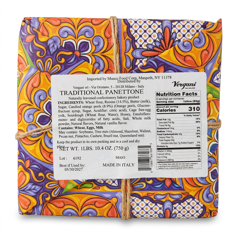 Back of Vergani Classic Panettone 750 g package showing ingredients and nutrition label