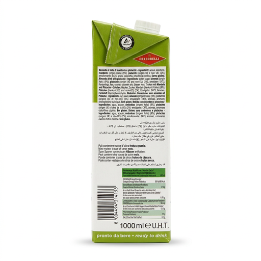 Condorelli Almond Drink with Pistachio 1 liter carton ingredients and nutrition panel on a white background