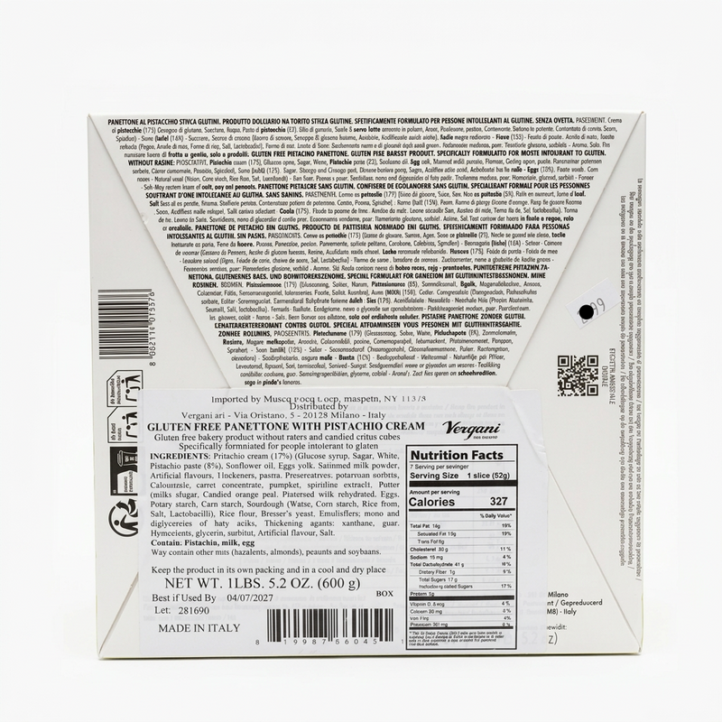 Back of the Vergani gluten-free panettone with pistachio cream box on a white background