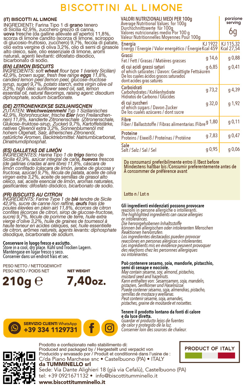 Tumminello Granisi Biscottini al Limon, Lemon Biscuits - No Milk, 7.40 oz