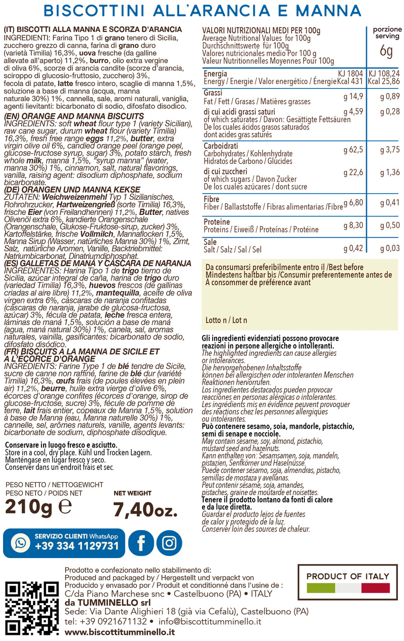 Tumminello Granisi Biscottini all’Arancia e Manna – Orange & Manna Cookies, 7.4 oz (210g) | Sicilian Italian Biscuits