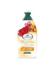 L'Angelica bath and shower gel bottle with pomegranate and turmeric graphics on a white background