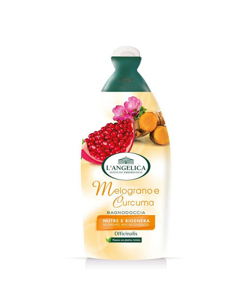 L'Angelica bath and shower gel bottle with pomegranate and turmeric graphics on a white background
