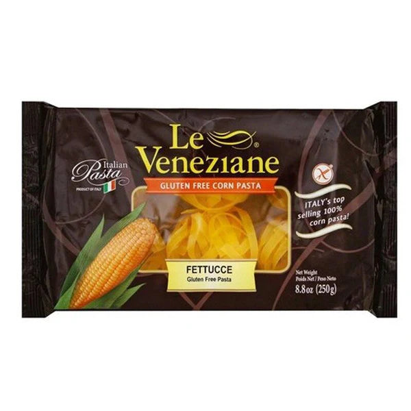 Le Veneziane gluten-free corn pasta package on a white background