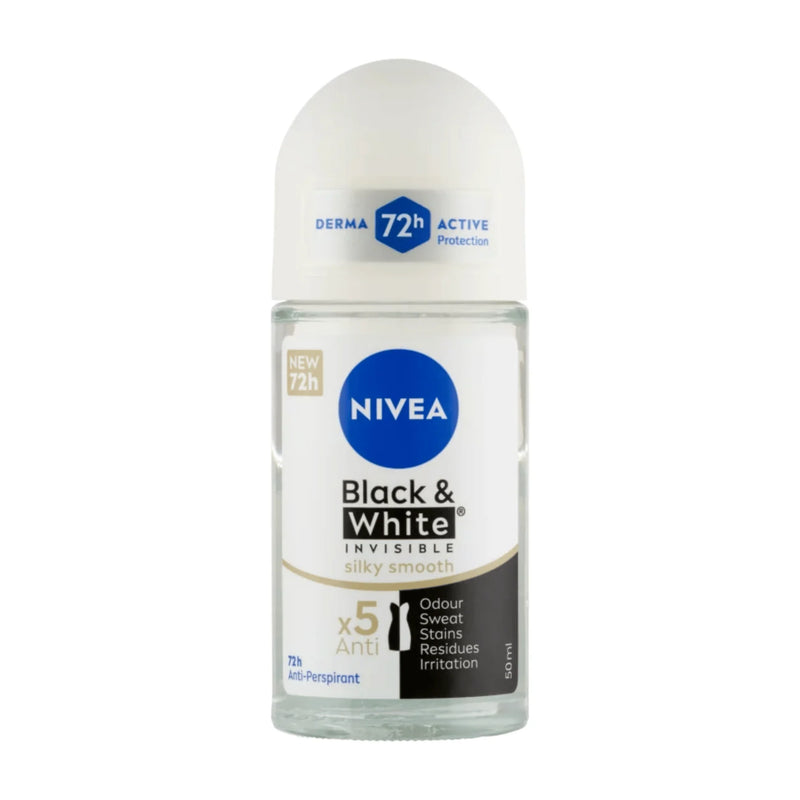 NIVEA Black & White Invisible Silky Smooth 72H Anti-Perspirant Roll-On, 1.69 fl oz (50ml) – Anti-Stain Deodorant
