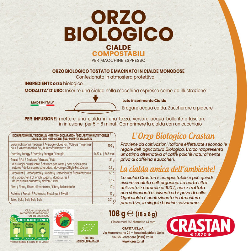 Crastan Organic Barley ESE 44mm Compostable Pods, 18 Count – Italian Orzo Biologico