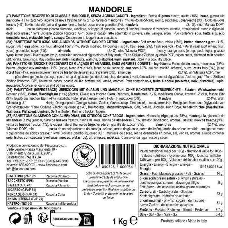 Fiasconaro Panettone with Almonds, Mandorle Panettone, 35.3 oz | 1 kg