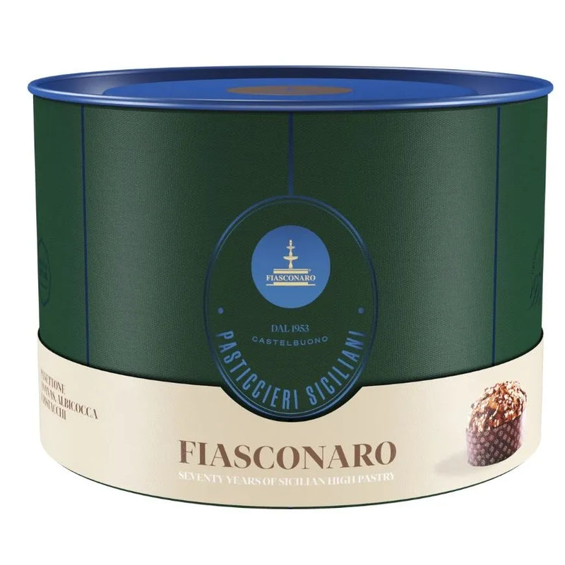 Green cylindrical container with blue lid and Fiasconaro branding on a white background