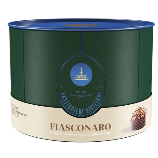 Green cylindrical container with blue lid and Fiasconaro branding on a white background