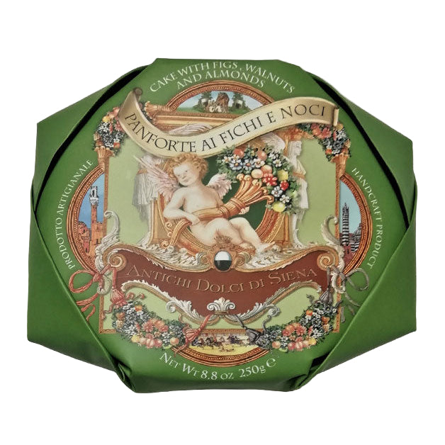 Decorative box of Panforte with intricate design on a white background