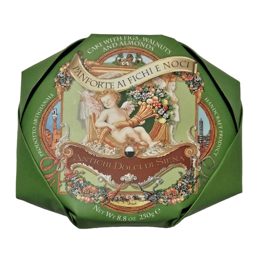 Decorative box of Panforte with intricate design on a white background