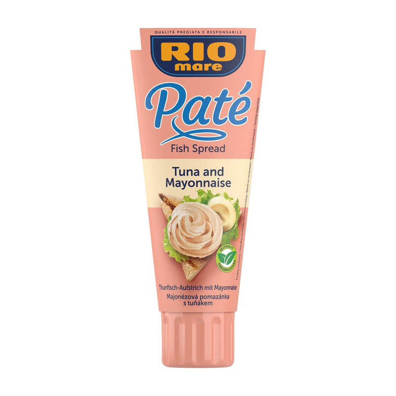 Tube of Rio Mare Pate Tuna and Mayonnaise on a white background