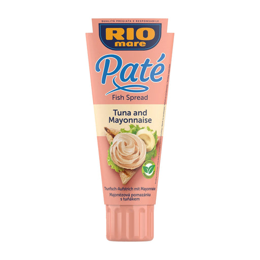 Tube of Rio Mare Pate Tuna and Mayonnaise on a white background