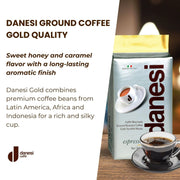 Danesi ground coffee package with a cup of coffee on a wooden surface
