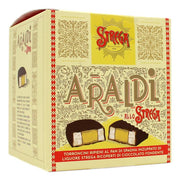 Box of Araldi Strega chocolate-covered nougat with decorative design and Strega branding.