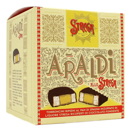 Box of Araldi Strega chocolate-covered nougat with decorative design and Strega branding.